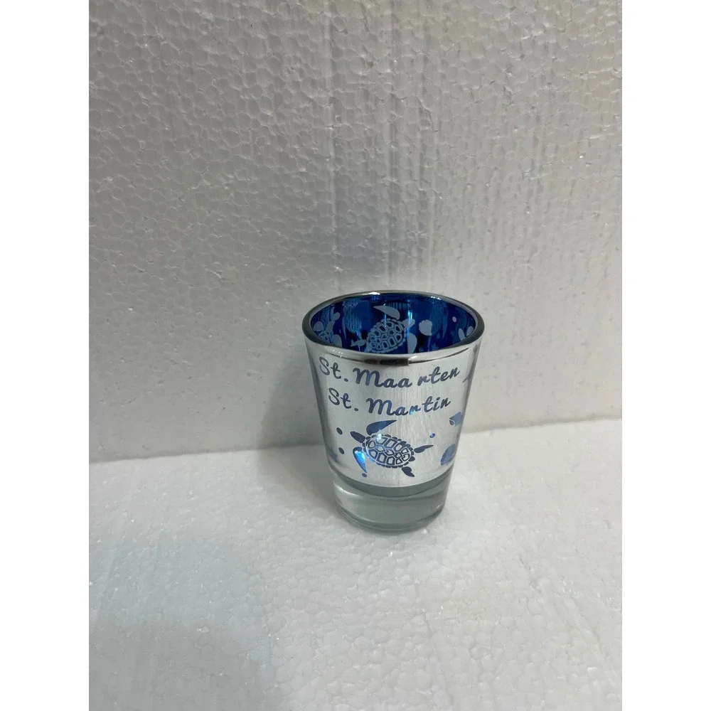 St Maarten St Martin Glass Shot Glass‎ Turtle Souvenir Blue Silver